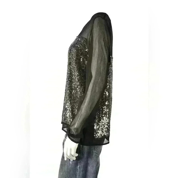 GESTUZ Black Grey Polyester Crepe Sequin Sparkle Sheer Evening Blouse Medium - Picture 2 of 7